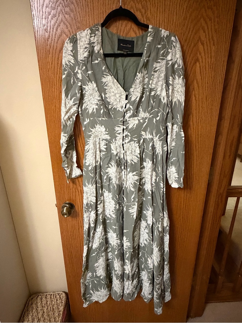 Massimo Dutti Floral Button-Front Midi Dress in Sage Green and White